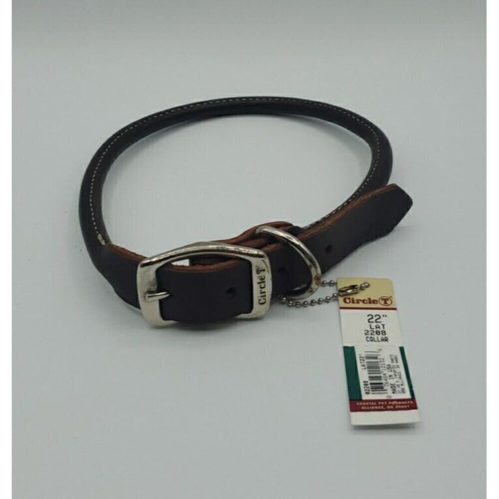 Circle T Pet Brown Leather Round Flat Rolled Dog Collar - 22 Inch NWT